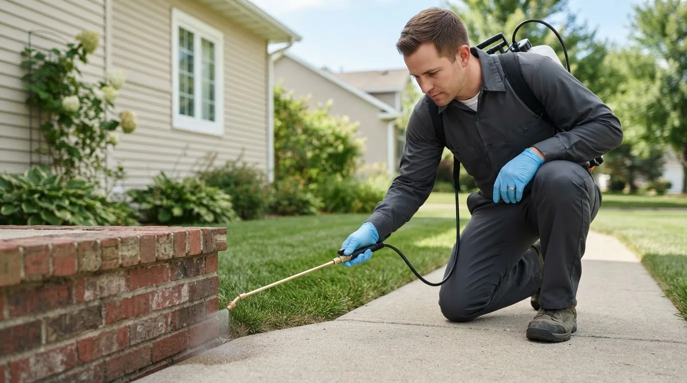 Pest control technician treating a home near Claremont, VA