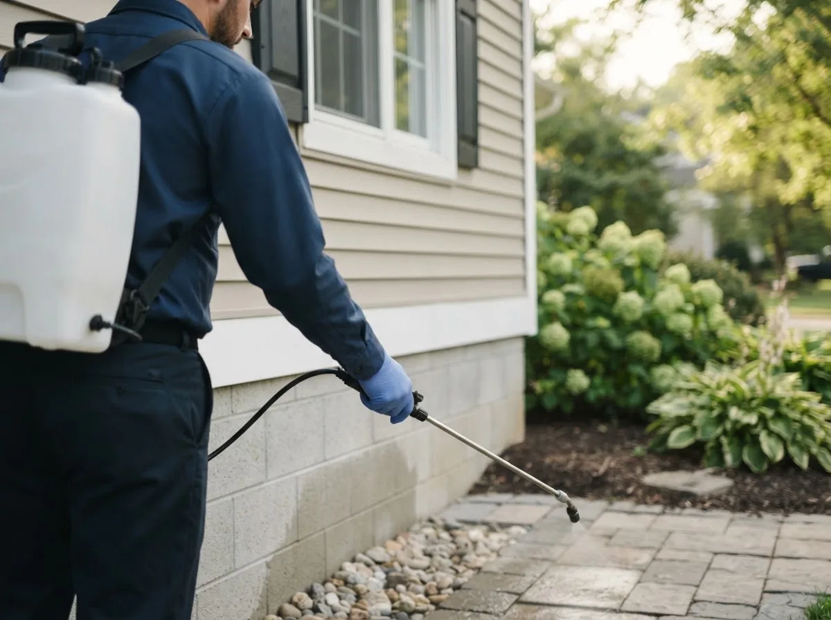 Pest control technician inspecting a home in Claremont, VA